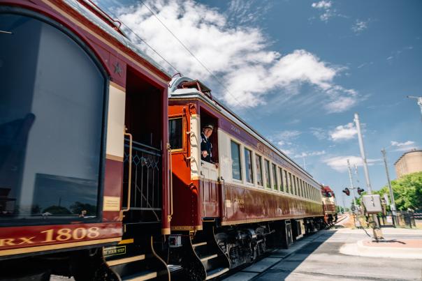 Grapevine Vintage Railroad arriving at Historic Stockyards Station