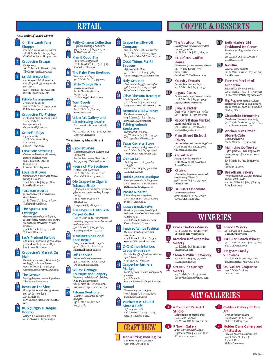 List of Grapevine Main Street Businesses Map June 2024