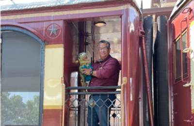 Dinosaur puppet featured on Grapevine Vintage Railroad train rides